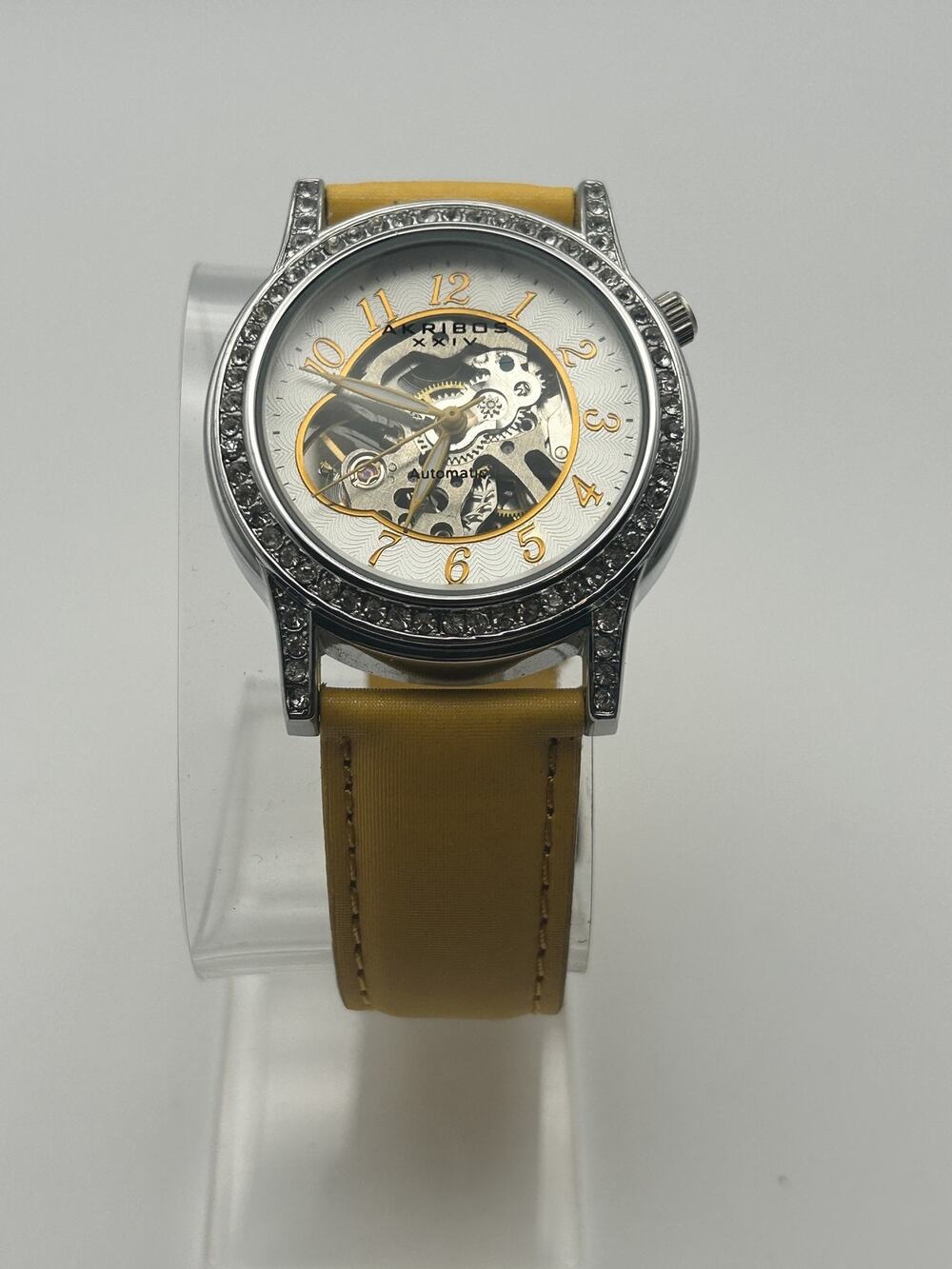 Akribos XXIV AK475YL Automatic Skeleton Womens Watch Crystal Bezel Yellow Strap